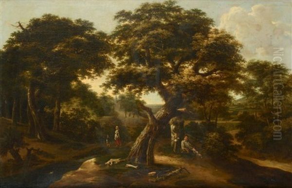 Sous-bois Traverse Par Un Cours D'eau Avec Un Colporteur Endormi Sous Un Arbre Oil Painting by Salomon Rombouts