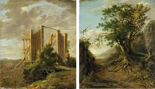 Zwei Gemalde. Landschaft Mit Groser Eiche Und Wanderer; Hausbau (2 Works) Oil Painting by Salomon Rombouts