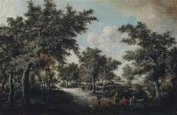 A Wooded Landscape With Falconers On A Path Oil Painting by Salomon Rombouts