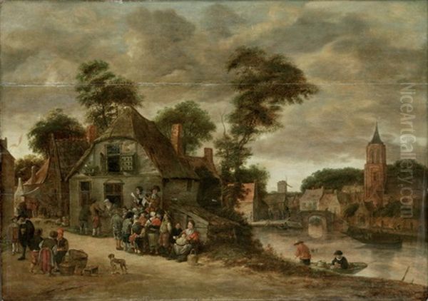 Alltagsszene In Einem Dorf Am Fluss by Salomon Rombouts