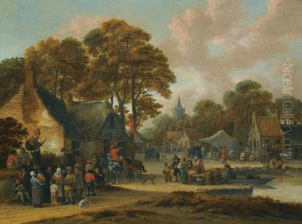 A Village Market Scene Oil Painting by Salomon Rombouts