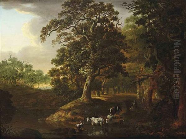 A Wooded Landscape With A Herdsman Watering His Cattle Near A Stream by Salomon Rombouts