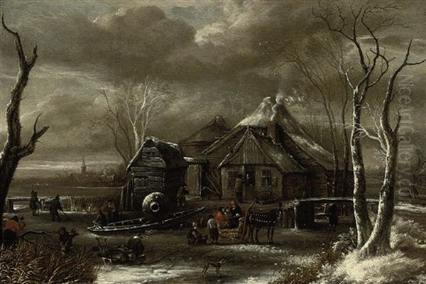 A Winter Landscape With Figures Chopping Wood And Sleighing On A Frozen River Near An Inn Oil Painting by Salomon Rombouts