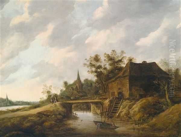 Hollandische Fusslandschaft Mit Einem Bauernhaus Und Einer Kirche Sowie Fischern In Einem Boot Oil Painting by Salomon Rombouts