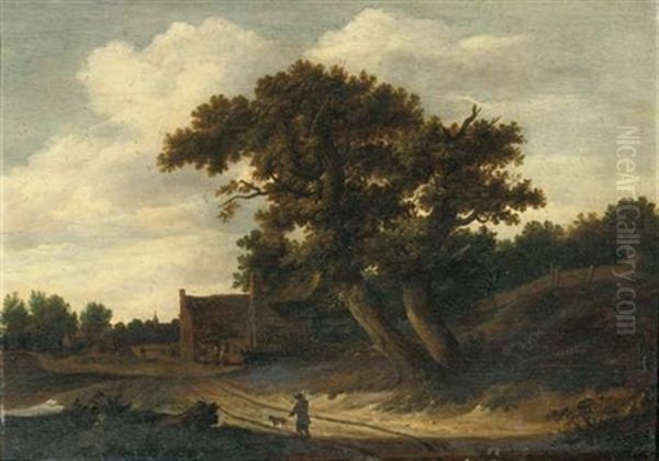 A Wooded Landscape With A Traveller And His Dog On A Track, A Village With Peasants Beyond Oil Painting by Salomon Rombouts