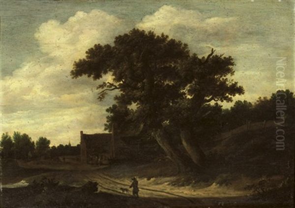 A Wooded Landscape With A Traveller And His Dog On A Track, A Village With Peasants Beyond Oil Painting by Salomon Rombouts