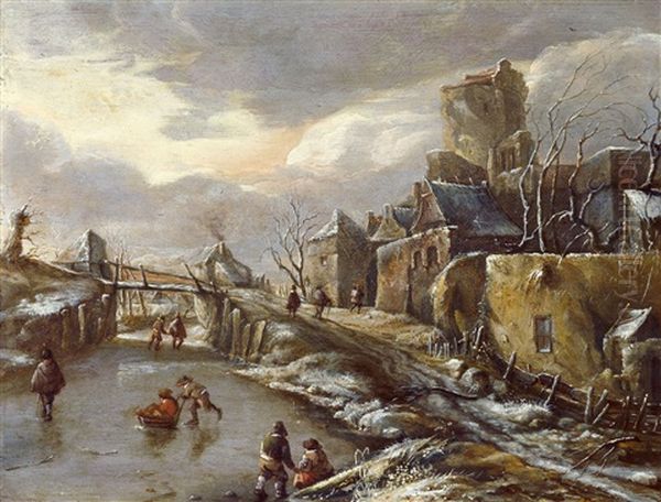 Winterlandschaft Mit Eislaufern Vor Einem Befestigten Stadtchen Oil Painting by Salomon Rombouts