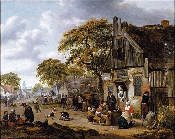 A Village Street Scene With Figures Drinking Outside An Inn And Vendors Hawking Their Wares Oil Painting by Salomon Rombouts