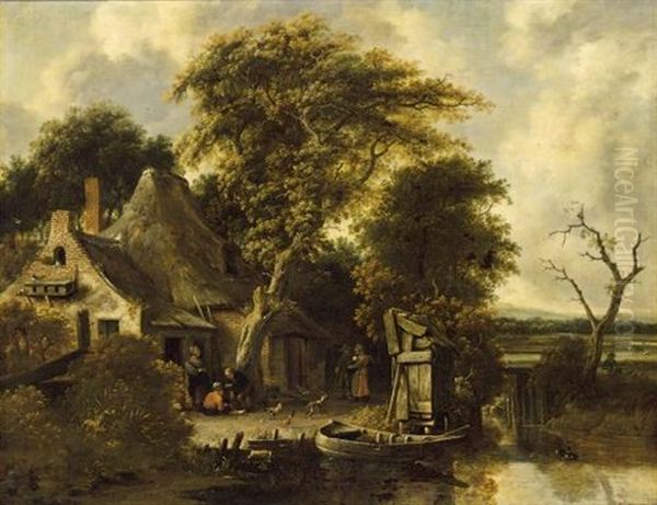 A Wooded Landscape With Peasants In A Courtyard Near A Farm With A Stream In The Foreground Oil Painting by Salomon Rombouts