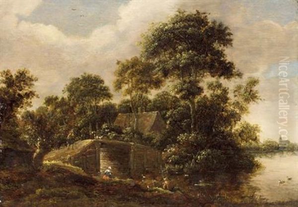 A River Landscape With A Fisherman Near A Bridge, A Cottage In The Woods Beyond And A Church In The Background Oil Painting by Salomon Rombouts