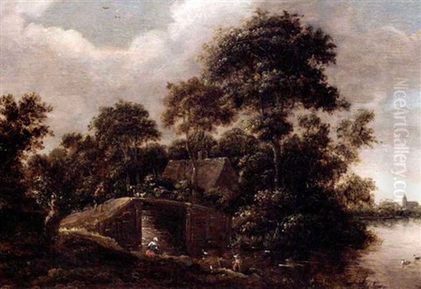 A River Landscape With A Fisherman Sitting By The River, A Cottage In The Forest Beyond Oil Painting by Salomon Rombouts