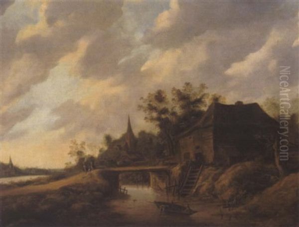 Hollandische Flusslandschaft Mit Einem Bauernhaus Und Einer Kirche Sowie Fischern In Einem Boot Oil Painting by Salomon Rombouts