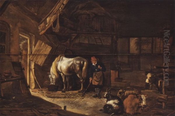 Stallinneres Mit Bauer, Schimmel Und Vieh Oil Painting by Salomon Rombouts