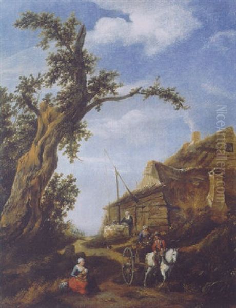 Peasants On A Horse And Wagon Passing A Farm By A Broken Tree Oil Painting by Salomon Rombouts