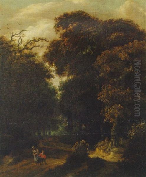 A Wooded Landscape With A Mother And Child On A Path Oil Painting by Salomon Rombouts