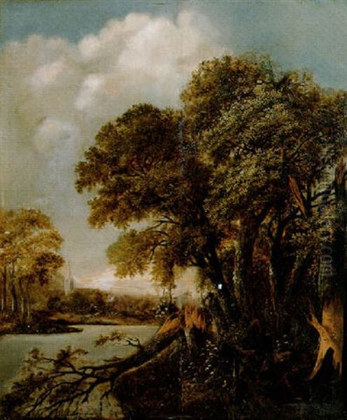 A Dead Tree On A Riverbank At The Edge Of A Wood, A Village Beyond Oil Painting by Salomon Rombouts