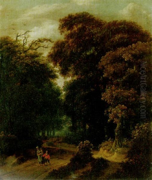 A Wooded Landscape With A Mother And Child On A Path Oil Painting by Salomon Rombouts