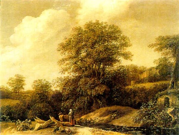 A Wooded Hilly Landscape With Two Figures By A Stream Oil Painting by Salomon Rombouts