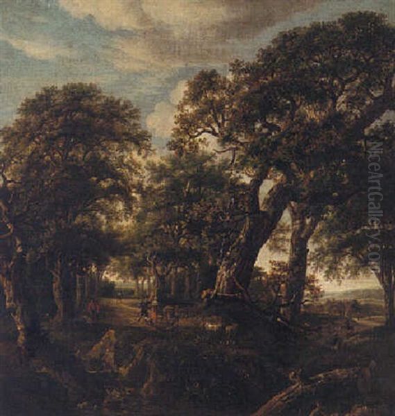 A Wooded Landscape With Peasants, A Donkey And A Herd Wandering Down A Track Oil Painting by Salomon Rombouts