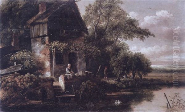 A Washerwoman And A Peasant Boy Outside A Cottage Beside A River With A Meadow And A Village On A Hill Beyond Oil Painting by Salomon Rombouts