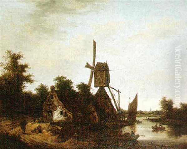 Landscape With A Windmill Beside A River, With Figures Boating, Others Resting On A Path Oil Painting by Salomon Rombouts