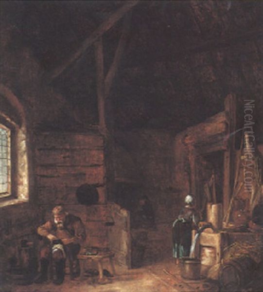 Barn Interior With A Cobbler And A Maid Collecting Water Oil Painting by Salomon Rombouts