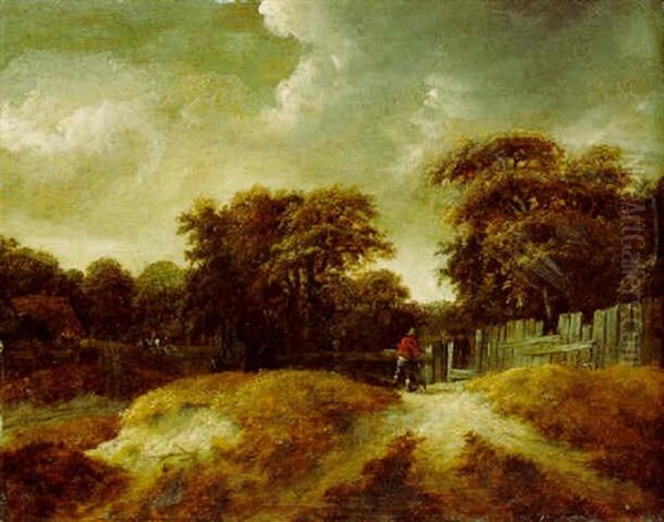 A Wooded Landscape With Peasants At A Gate Oil Painting by Salomon Rombouts