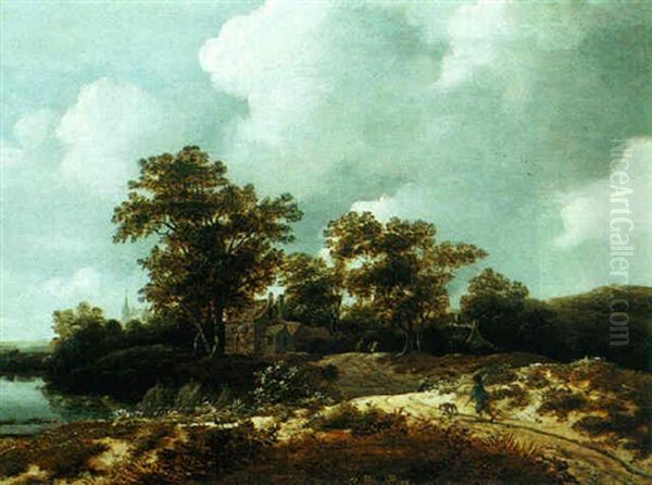 Wooded Landscape With A Man And His Dog Walking Beside A River Towards A Cottage Oil Painting by Salomon Rombouts