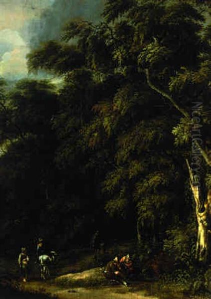 A Wooded Landscape With Peasants Resting And Travellers On A Path Oil Painting by Salomon Rombouts