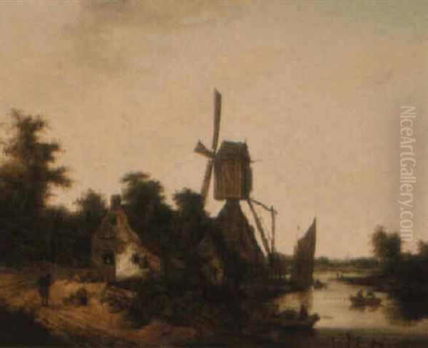 Landscape With A Windmill Beside A River, With Figures Boating Oil Painting by Salomon Rombouts