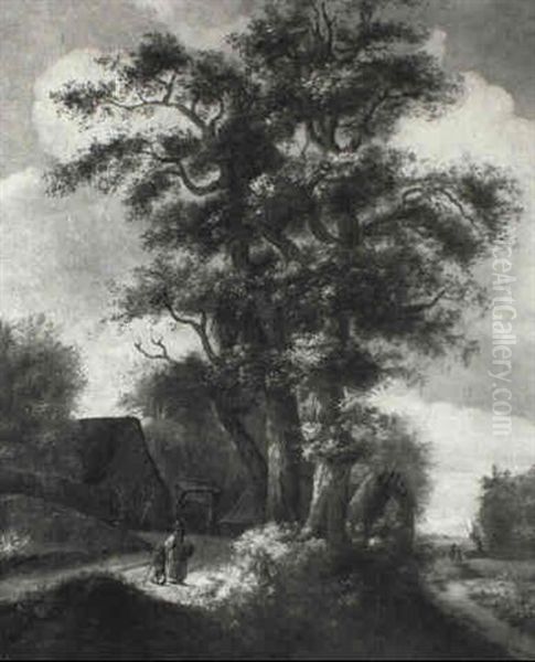 Wooded Landscape With Mother And Son Walking On Track by Salomon Rombouts