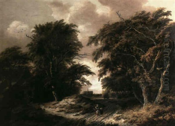 A Mother And Child Walking Along A Woodland Path Beside A   Cottage Where Peasants Rest, With A View Of Haarlem And The Oil Painting by Salomon Rombouts