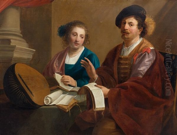 The Duet: The Painter Theodor Rombouts And His Wife Anna Van Thielen Playing Music Oil Painting by Theodoor Rombouts