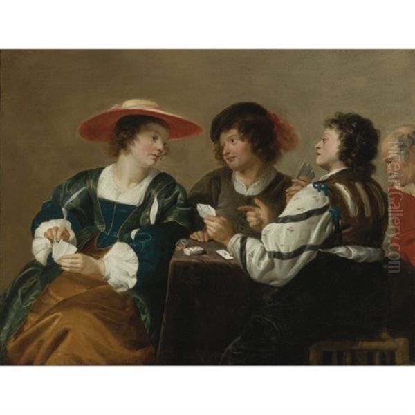 A Woman And Three Men Seated Around A Table Playing Cards Oil Painting by Theodoor Rombouts