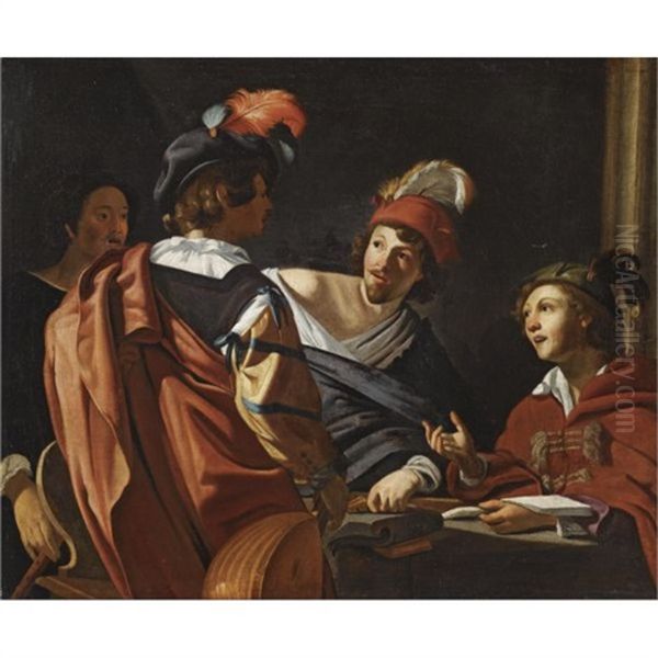 A Group Of Figures Around A Table Making Music Oil Painting by Theodoor Rombouts