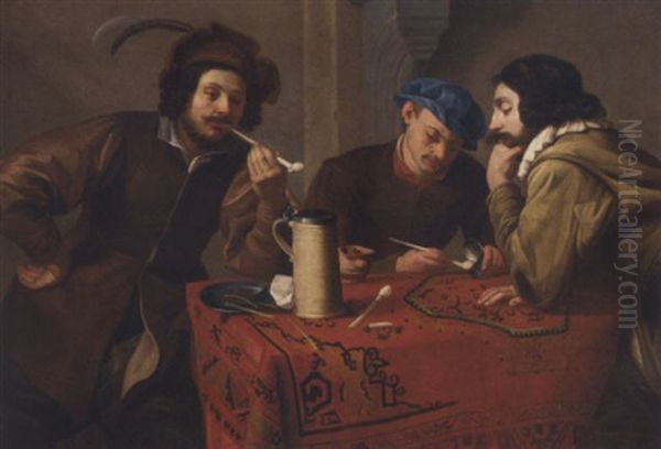 Three Men Smoking And Drinking At A Table In An Interior Oil Painting by Theodoor Rombouts