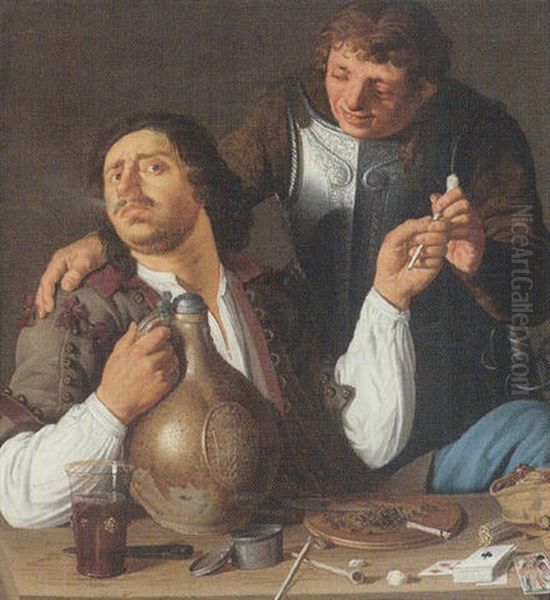 A Seated Boor Holding A Wine-jar And Blowing Smoke, Passing A Pipe To A Soldier Standing Behind Oil Painting by Theodoor Rombouts