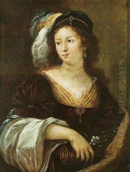 Portrait Of A Lady Wearing A Crimson Dress, Holding A Sprig Of Narcissus Oil Painting by Theodoor Rombouts