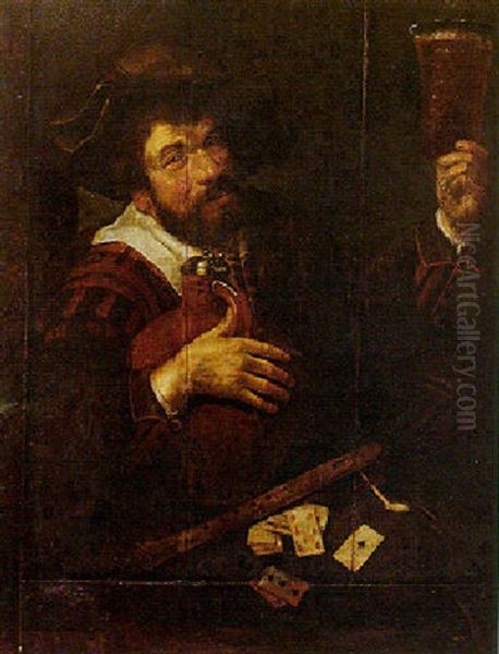 A Man Holding A Glass Of Ale, A Flagon Under His Other Arm Oil Painting by Theodoor Rombouts