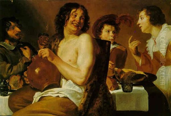 Figures Eating And Drinking Around A Table Oil Painting by Theodoor Rombouts