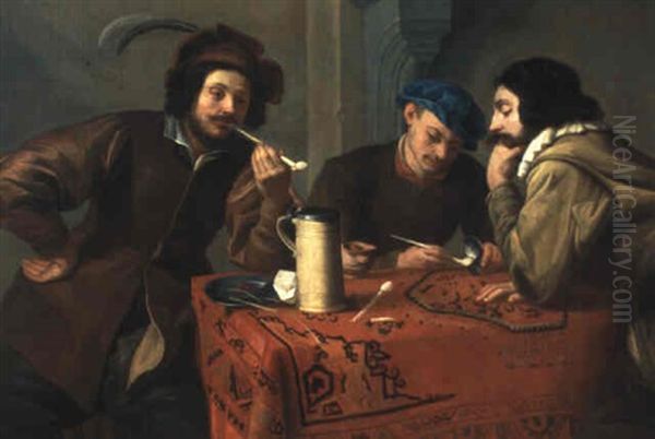 Zwei Manner Rauchen An Einem Tisch Oil Painting by Theodoor Rombouts