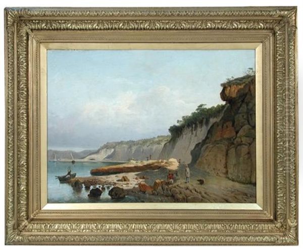 Mediterranean Coastal Landscape With Fishermen Oil Painting by Jean-Baptiste Romegas