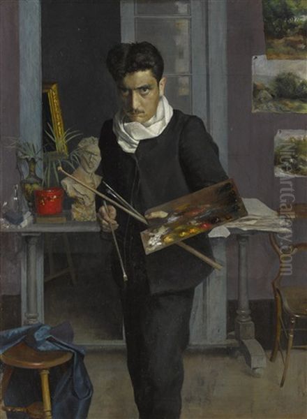 Self-portrait Of The Artist In His Studio Oil Painting by Julio Romero De Torres