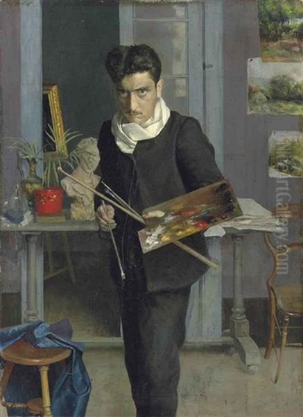 Self-portrait Of The Artist In His Studio Oil Painting by Julio Romero De Torres