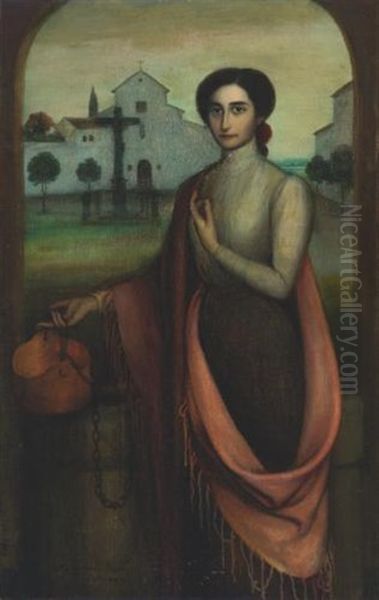 La Mujer Del Cantaro (girl By A Well) Oil Painting by Julio Romero De Torres