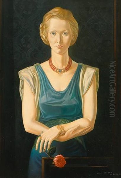 Portrait Einer Dame Im Habit Des Art Deco, In Der Linken Eine Rose Oil Painting by Julio Romero De Torres