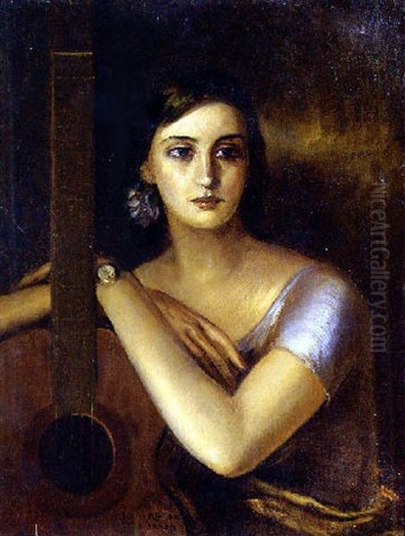 Femme A La Guitare Oil Painting by Julio Romero De Torres