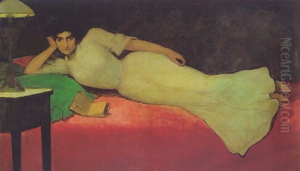 Lady Reclining In A Lamp-lit Interior Oil Painting by Julio Romero De Torres