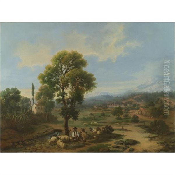 Paisaje Andaluz Con Pastores (andalusian Landscape With Shepherds) Oil Painting by Rafael Romero Y Barros