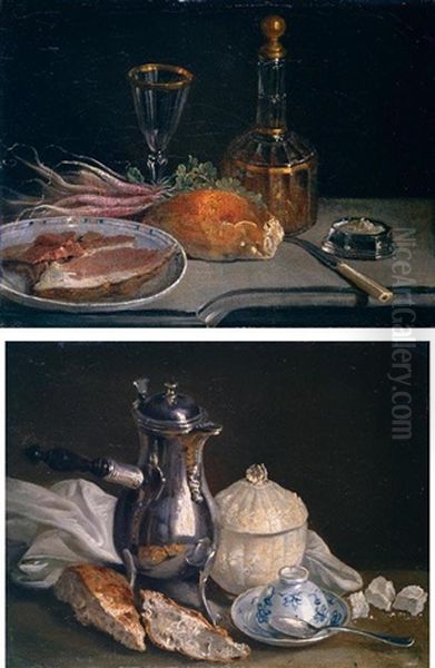 Still Life Of A Chocolatier With A Porcelain Cup And Saucer, Spoon, A Sucrier, Sweets, Pastries And A Cloth Arranged Upon A Table Top (+ Another; Pair) Oil Painting by Juan Bautista Romero